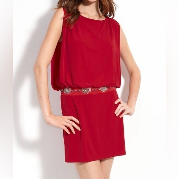 Laundry by Shelli Segal Jersey Blouson Back Keyhole Dress- Red/ Size 2 - Picture 1 of 11